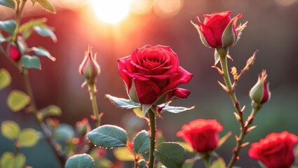 Obraz premium Close-up of a crimson rosebud bathed in early morning rays