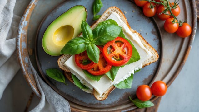 Aerial perspective of a creamy cheese sandwich topped with basil, colorful pepper slices, avocado, and cherry tomatoes arranged on vintage textiles and wooden table