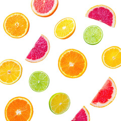 Fototapeta premium Citrus fruit slices falling on black background, food photography, healthy eating concept