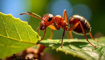 Naklejka premium Macro close-up of a red ant on a vibrant green leaf in its natural habitat.