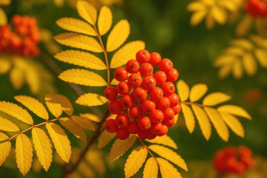 Bright yellow foliage featuring bright red rowan berries - Powered by Adobe