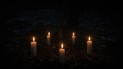 Glowing candles illuminating a dark forest, evoking a supernatural and ritualistic vibe.