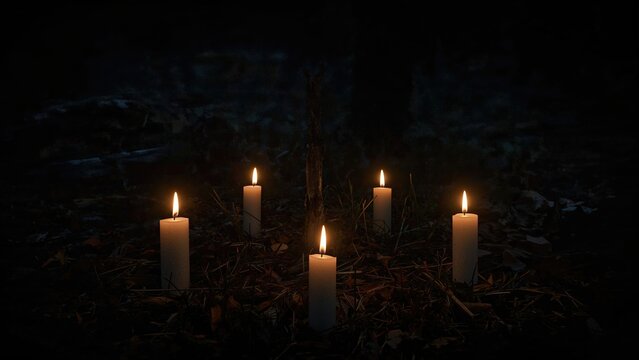 Glowing candles illuminating a dark forest, evoking a supernatural and ritualistic vibe.
