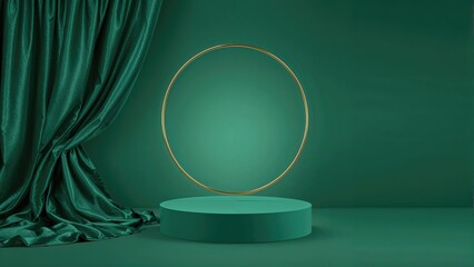 Sophisticated display platform with a circular frame and silk curtain in a green setting, perfect for promoting feminine beauty items.