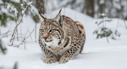 Obraz premium Eurasian Lynx (Lynx lynx) crouches in deep snow, gazing intently, amidst a serene winter forest during snowfall.
