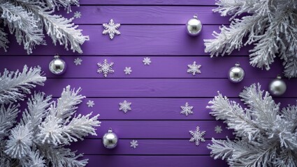 Seasonal Christmas scene with a purple wooden surface, decorated with artificial white pine branches, metallic snowflakes, and silver baubles, set in a square layout.
