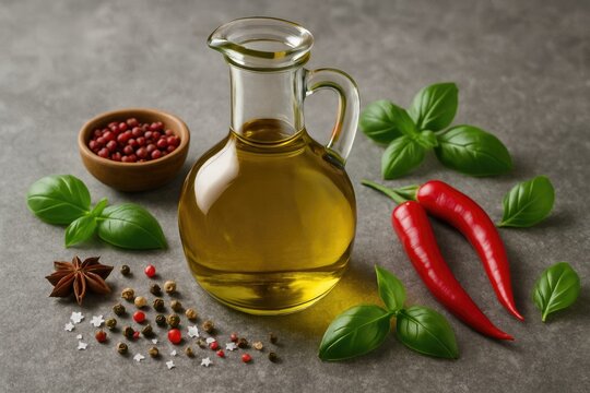 Flavorful oil in a container surrounded by chili and spices on a rustic background