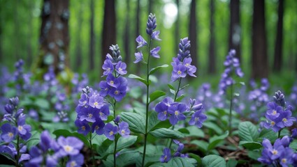 Fototapeta premium Serene forest landscape filled with colorful flowers and verdant foliage