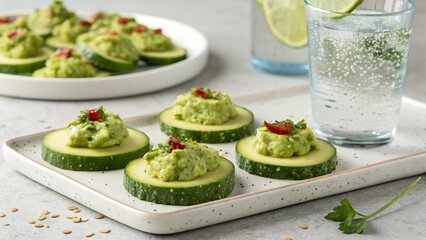Crisp cucumber rounds topped with vibrant green avocado spread and garnished with pepper