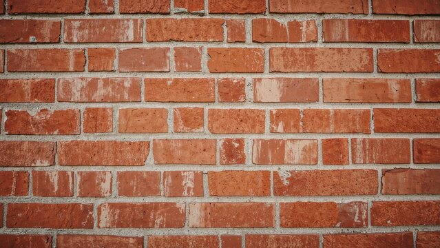 Close-up shot showcasing a bold red brick surface and empty space on the outside of a dwelling or metropolitan building. Architectural texture and detailed rough brickwork on an aged construction.
