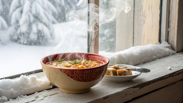 Warm bigus bowl resting on a snowy windowsill during a cold winter day