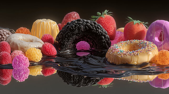 Surreal still life of artificially perfect food melting into darkness, symbolizing modern dietary contradictions.