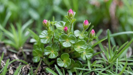 Obraz premium Originating from South America, the ornamental plant called purslane or rose moss belongs to the Portulacaceae family and is known for its characteristic nine o'clock flowers.