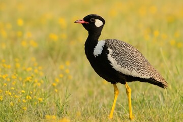 Wildlife scene featuring a black korhaan bird in a yellow plant habitat