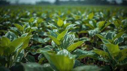 Obraz premium Zoomed-in perspective of soybean foliage on farmland. Soy plants in development. Subjects include ecological sustainability, monoculture practices, safeguarding nature, deforestation issues, and