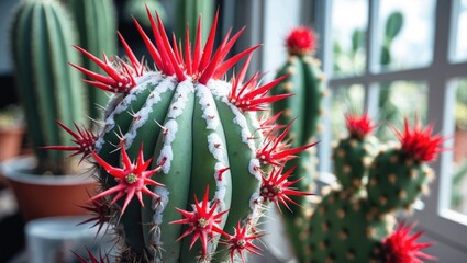An airy greenhouse scene showcasing a thorny cactus with fresh red spines, a white foam-like cephalium, and mature seed pods prepared for collection
