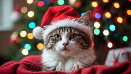 Celebratory cat donning a red headgear with bright Christmas decorations behind