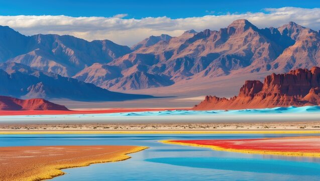 Magnificent panoramic scenery of an iconic wild desert, featuring stunning mountain ranges and an elevated plateau, with a scenic drive between a salt flat and a colorful lagoon. - Powered by Adobe