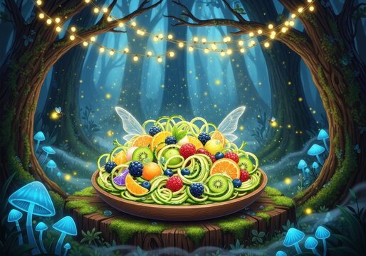 Photo of enchanting fantasy forest scene with a magical fruit platter adorned with fairy wings, surrounded by glowing mushrooms and twinkling lights - Powered by Adobe