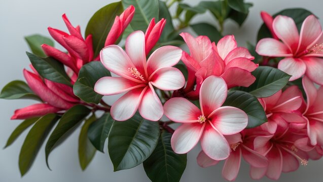 Colorful adenium varieties including arabicum and obesum, showcasing the beauty of tropical ornamental flowers like Japanese frangipani and azaleas.