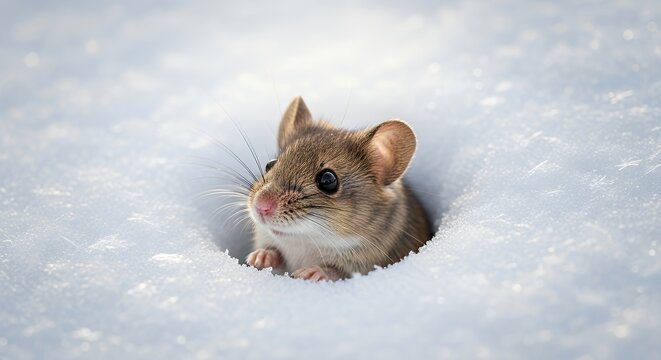 Close-up of a tiny field mouse peeking out from a snow hole in a cold winter landscape