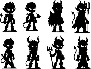 Vector sketch illustration collection of silhouette sketches, design images of devils, devils, hell dwellers, cute, funny, chibi, enemies of humans