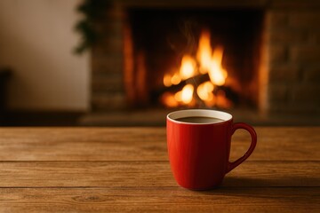 Festive winter setting with a red cup of tea or coffee on a rustic wooden table near a roaring fireplace for Christmas cheer