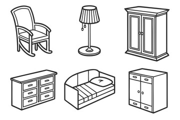 Furniture set with chair, lamp, wardrobe, dresser, and sofa isolated on white background