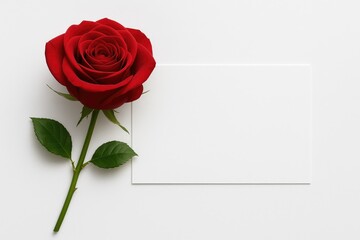 Red rose paired with a white greeting card