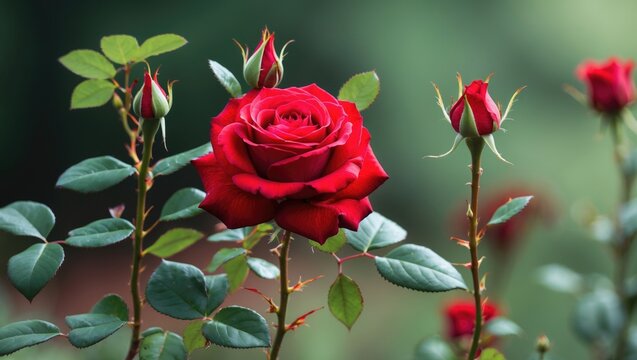 Red blossom set amidst a lush, out-of-focus leafy backdrop