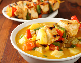 Delicious vegetable soup served in white bowl, healthy homemade meal. Generative AI