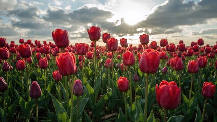 Crimson and Violet Tulips Growing in a Meadow