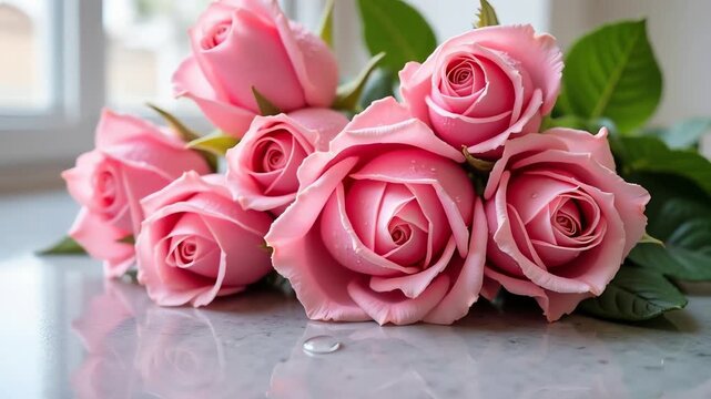 Romantic pink roses bouquet on marble surface, elegant floral arrangement with soft lighting, fresh blooming rose petals for wedding and anniversary