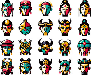 Vector sketch illustration image design collection of cute and cool Chinese character mask symbol icons, modern abstract models for decorative ornaments