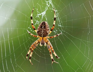 Close-up of a garden orb-weaver spider on its intricate, dew-covered web, highlighting its unique patterns and natural habitat. A detailed view of an arachnid in its element