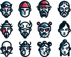 Vector sketch illustration image design collection of cute and cool Chinese character mask symbol icons, modern abstract models for decorative ornaments