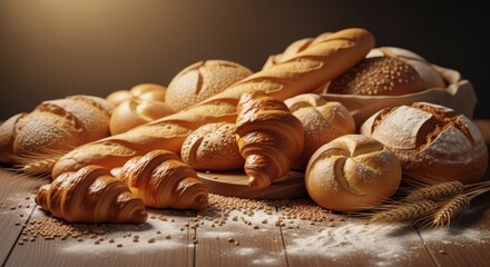 Assorted baked goods displayed on a wooden table. A variety of breads, including baguettes, croissants, rolls, and other pastries, are piled high