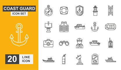Coast guard icon set. Ship, military, transport, security, safety, boat, radar and more line icon.