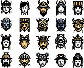 Vector sketch illustration image design collection of cute and cool Chinese character mask symbol icons, modern abstract models for decorative ornaments