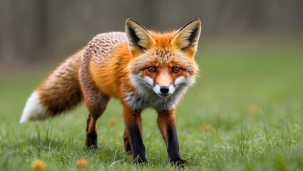 Wild red fox strolling through lush grass