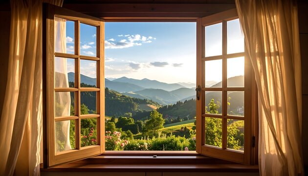 Fototapeta Mountain vista through an open window
