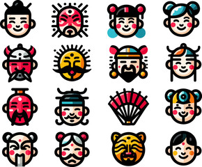 Vector sketch illustration image design collection of cute and cool Chinese character mask symbol icons, modern abstract models for decorative ornaments