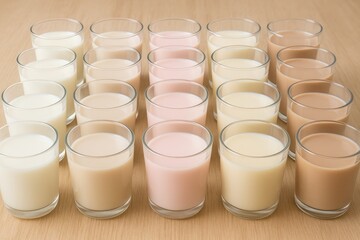 Variety of milk flavors in glassware used for sensory testing and dairy quality control.