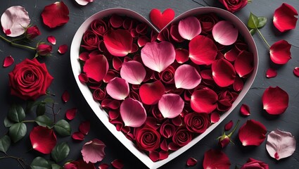 Romantic red petals arranged in a heart shape on a card
