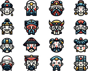 Vector sketch illustration image design collection of cute and cool Chinese character mask symbol icons, modern abstract models for decorative ornaments