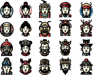 Vector sketch illustration image design collection of cute and cool Chinese character mask symbol icons, modern abstract models for decorative ornaments