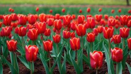 Obraz premium Bright red tulip blossoms covering a lush field