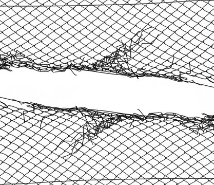 Opening in metallic fence isolated on white background  breakthrough concept. metaphor. Chain-link, wire netting, wire mesh, cyclone hurricane fence. Challenge. uncertainty