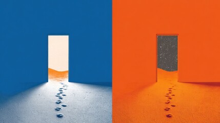 Dichotomy depicted with bright doorways revealing desert vistas and footprints