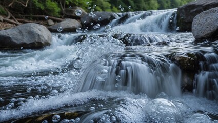 White water rushing rapidly and creating bubbles in a waterfall's stream